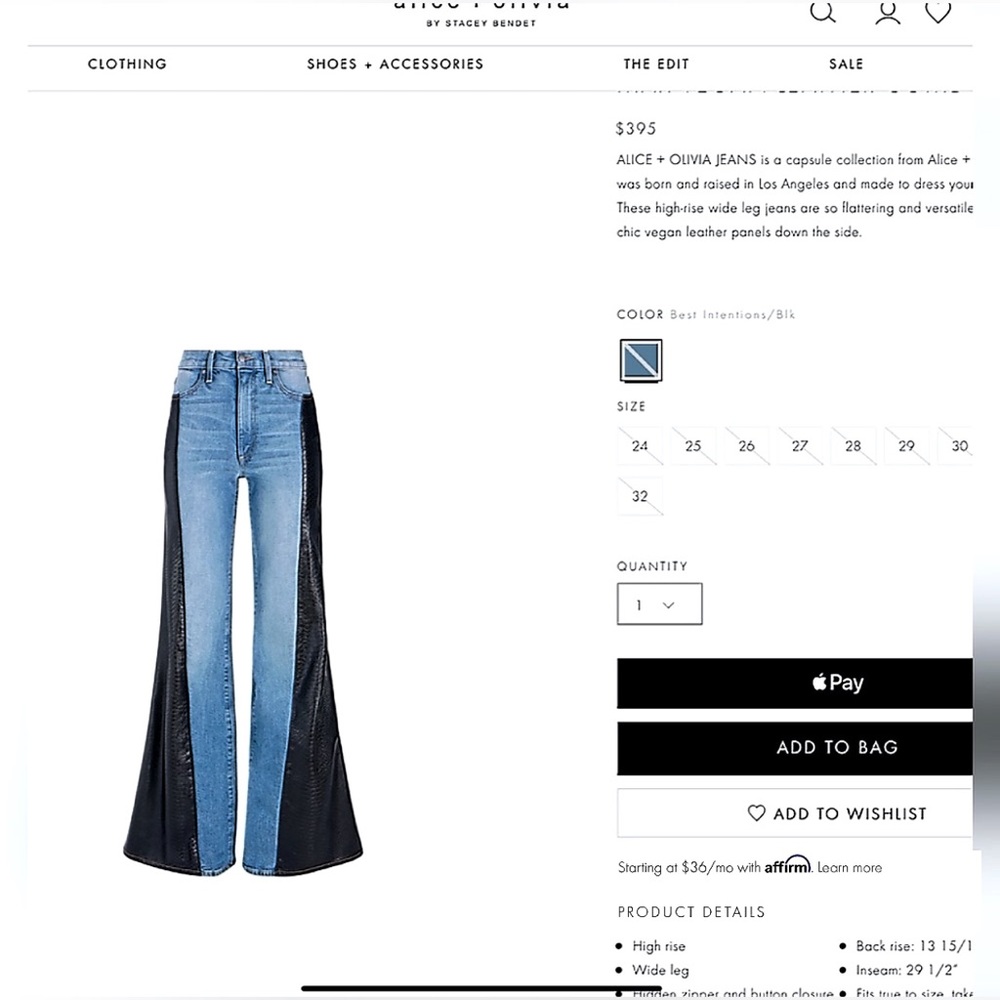 🏷 🆕 Alice + Olivia High Rise Vegan Leather Denim Jean Combo Max Wide Leg Pant - Picture 5 of 17